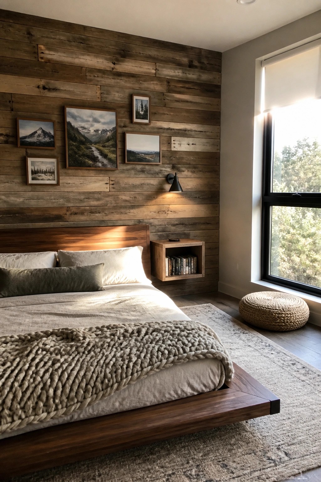A bedroom featuring a bed with white and gray bedding against a horizontal reclaimed wood plank accent wall, with framed photos mounted on the wood and a small floating wooden shelf holding books.