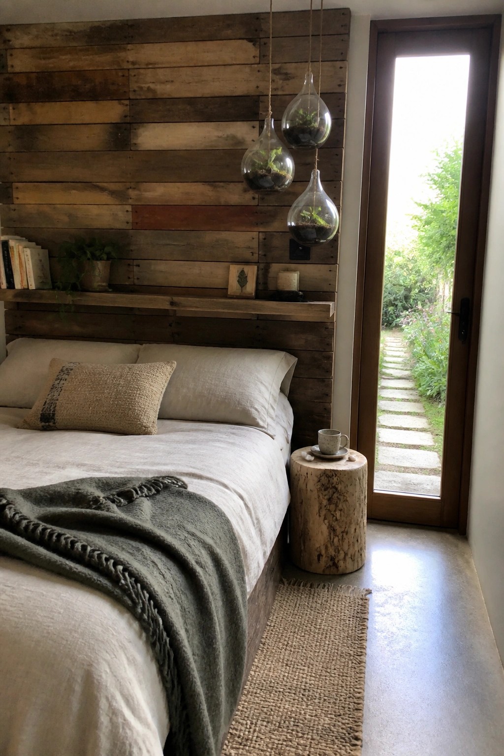 A bedroom featuring a headboard wall constructed from horizontal reclaimed wooden planks in varying brown tones, with a bed dressed in light linens positioned against it and an open glass door leading to a garden path.