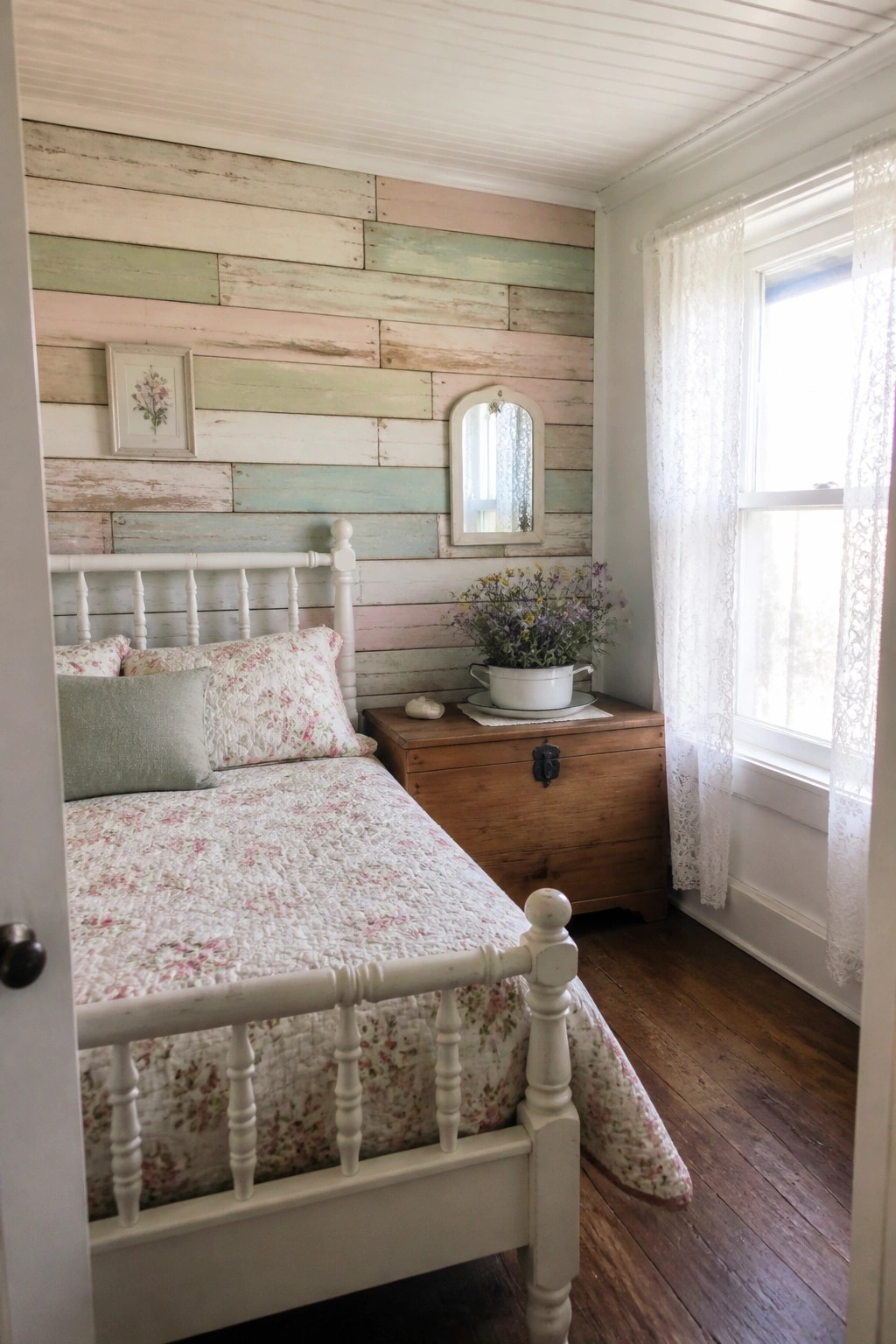 A bedroom interior with a horizontal pallet wood accent wall painted in soft pastel shades of pink, green, and white behind a white spindle bed with floral bedding.