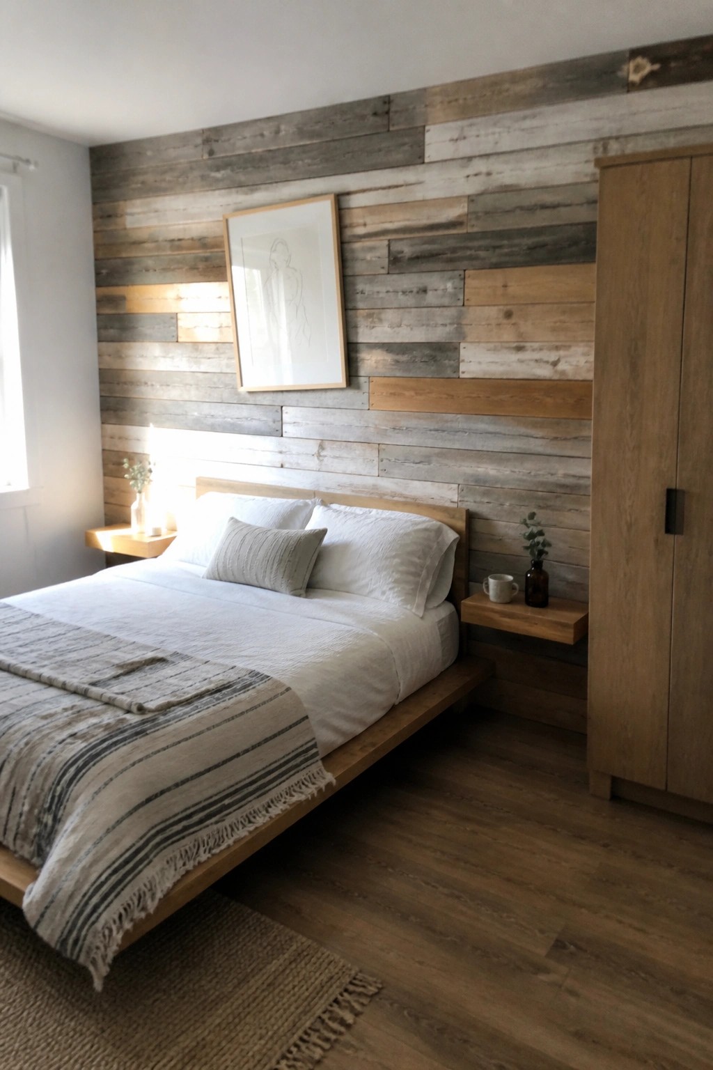 A bedroom featuring a bed with white linens positioned against a horizontal reclaimed wood accent wall in mixed gray and brown tones, with wooden floating nightstands and a tall wooden wardrobe on the right.