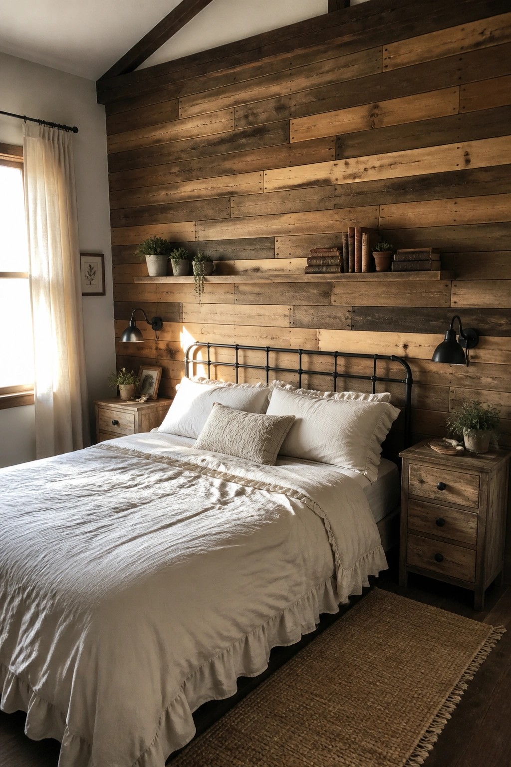 A bedroom featuring a bed with white linens positioned against a horizontal reclaimed wood plank accent wall, with wooden nightstands and black sconces on either side.