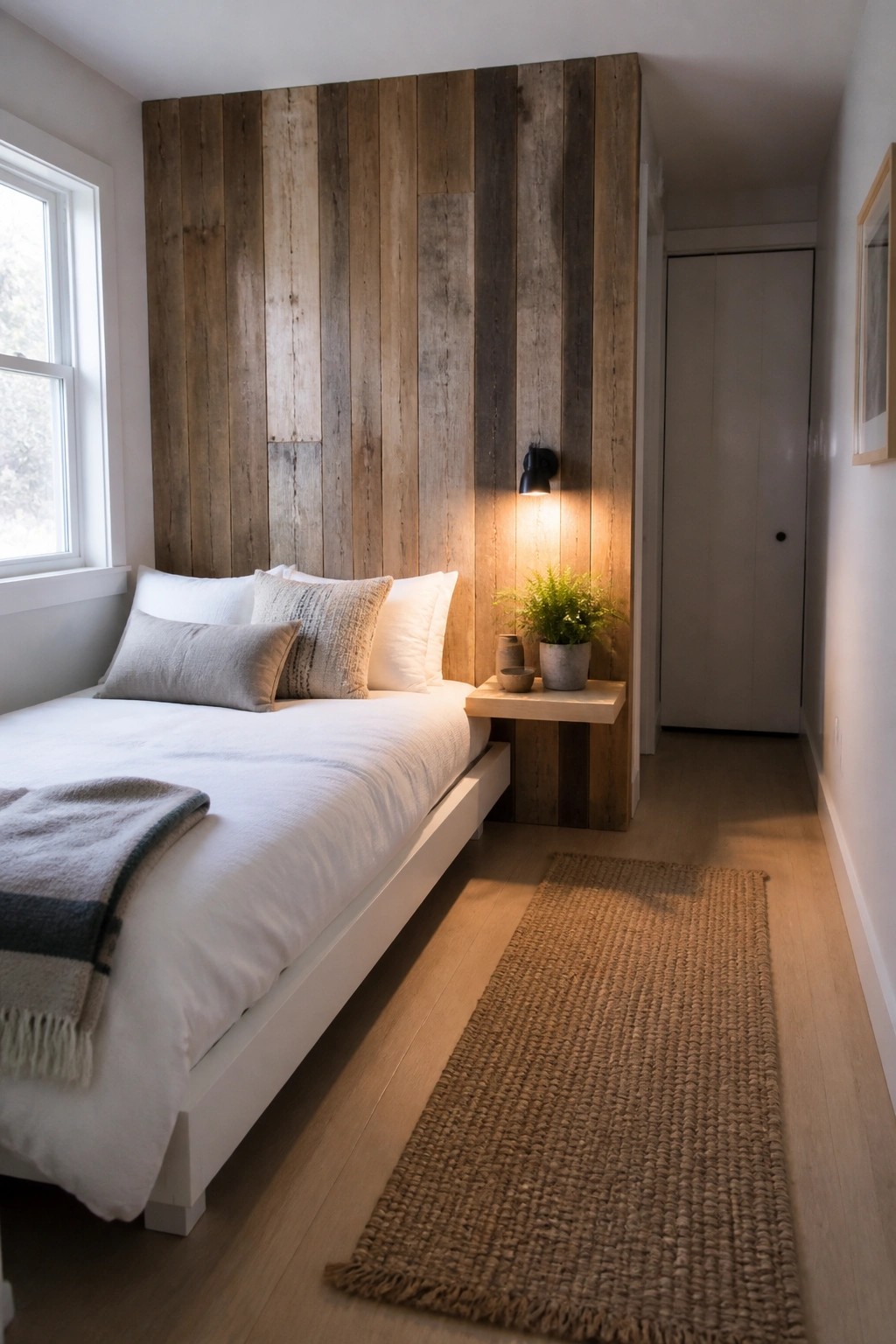 A narrow bedroom featuring a bed with white bedding placed against a vertical reclaimed wood plank wall, a small floating wooden nightstand with a plant, and a long woven rug on light wood flooring.