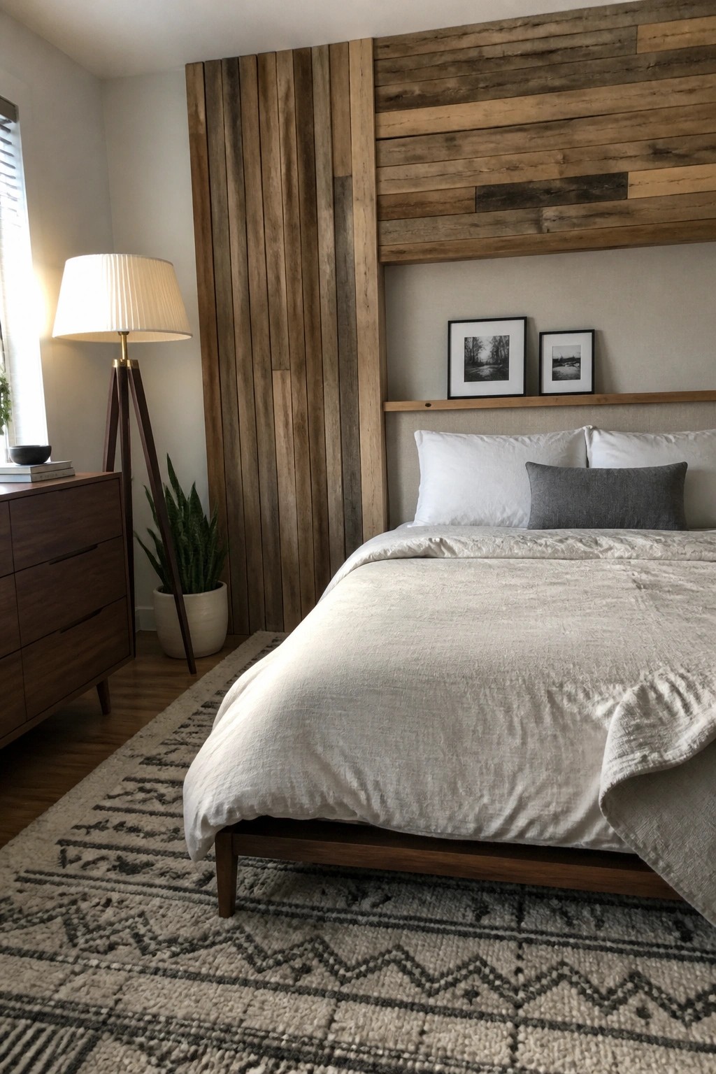 A bedroom featuring a large accent wall made of mixed horizontal and vertical reclaimed wood planks behind a bed with white linens and a wooden dresser and lamp to the left.