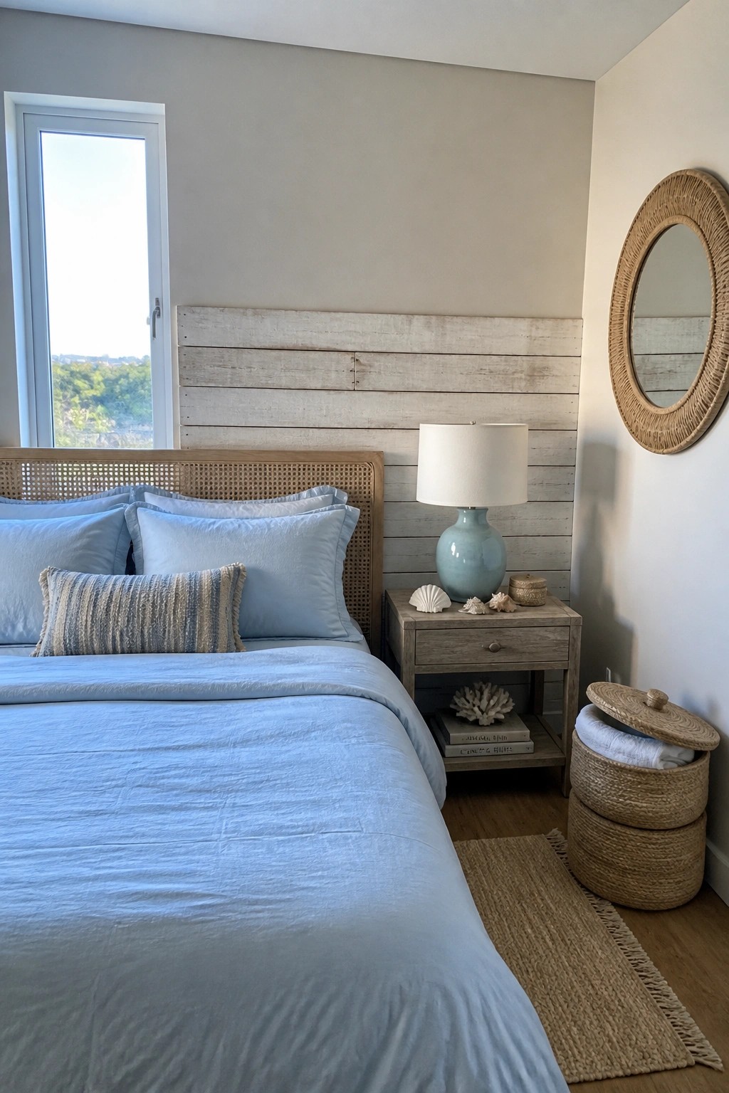 A bedroom with a headboard wall made of horizontal reclaimed wood planks, light blue bedding, a woven headboard, and a wooden nightstand with a blue lamp.