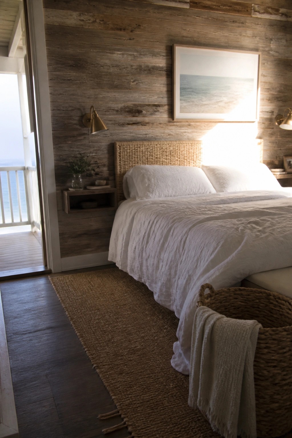 A bedroom with a horizontal reclaimed wood plank wall behind a bed with white linens and a woven headboard, next to an open door showing an ocean view.