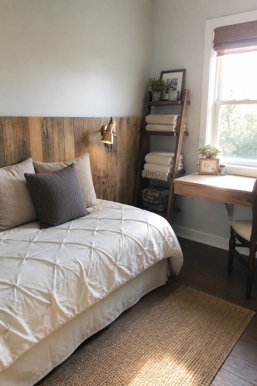 A bedroom featuring a vertical rustic wood plank accent wall behind a bed dressed in white bedding, with a wooden leaning shelf holding folded blankets and a desk near the window.