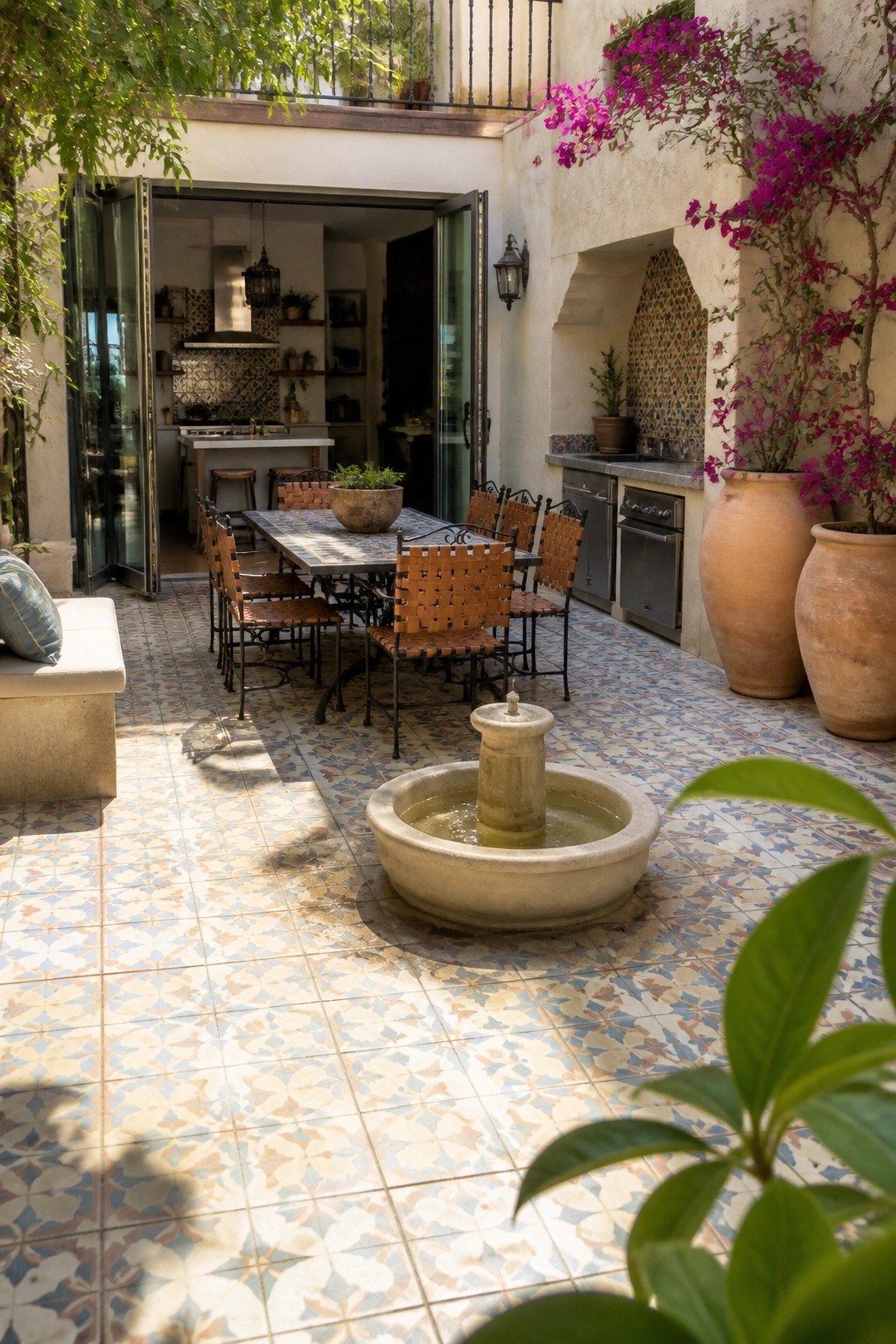 A courtyard patio with a central stone fountain, outdoor dining table and chairs, large open doors to a kitchen, and an adjacent outdoor kitchen area with large terracotta pots.