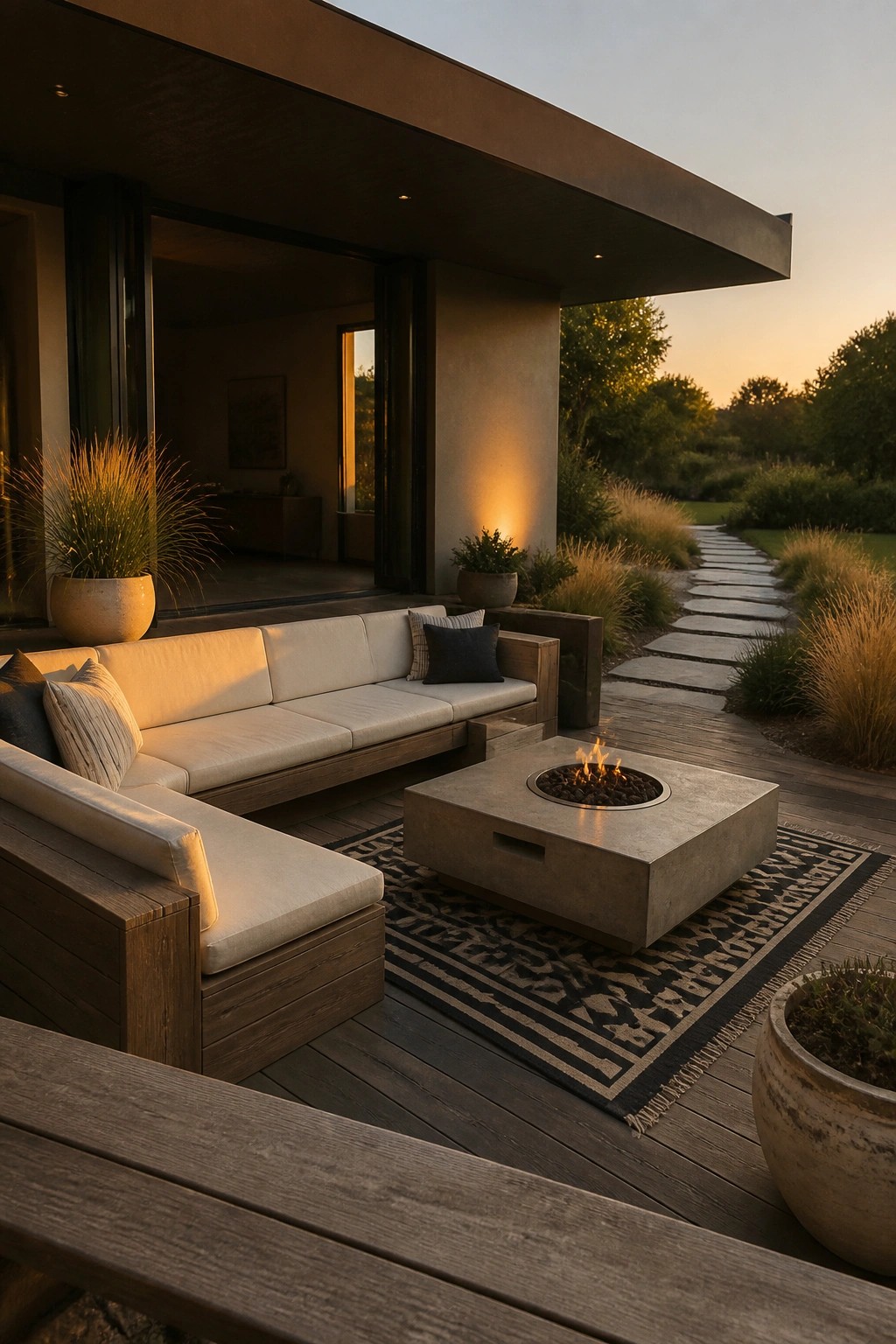 Modern patio with sofa, fire pit, rug on deck overlooking garden path at sunset