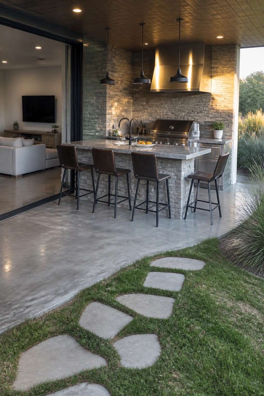 Outdoor kitchen with stone bar, four leather bar stools, built-in grill under a metal hood, and open sliding doors to an indoor living room, plus a grass path with stepping stones in the foreground.