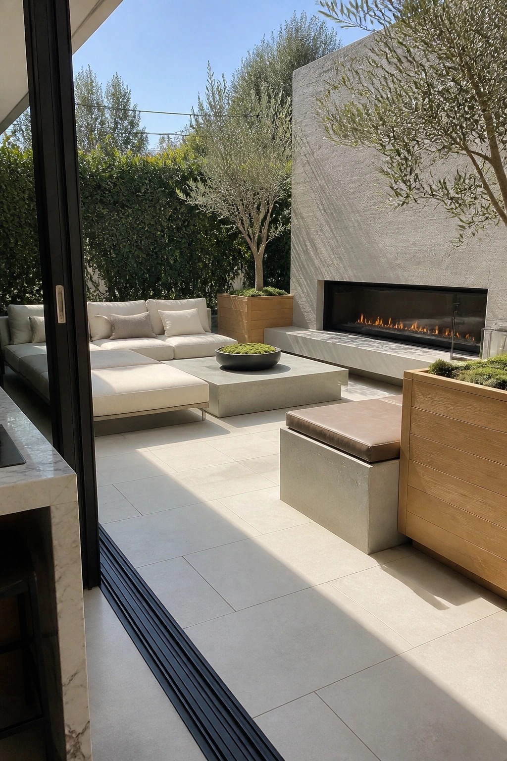 Modern patio with white sectional sofa, concrete seating, fireplace, and wooden planters.