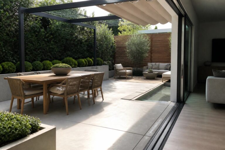 19 Smart Backyard Patio Ideas Designed for Easy Indoor-Outdoor Flow A wooden outdoor dining table with woven chairs sits on a concrete patio beneath a shaded structure beside wide open glass doors leading into a modern home.