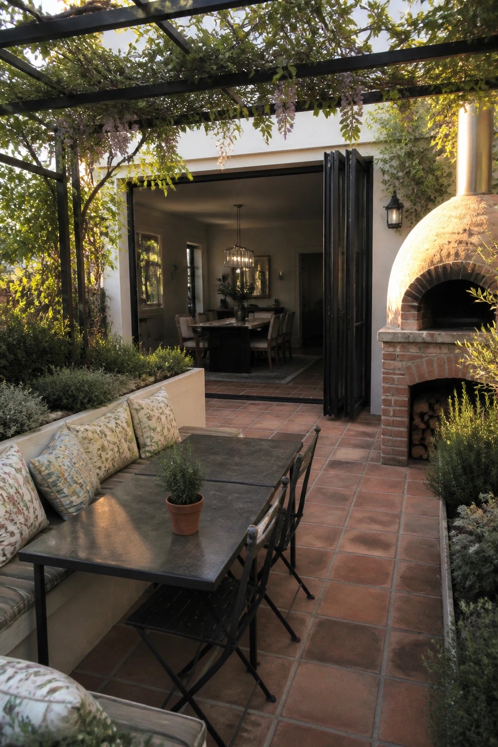 A backyard patio with a dark metal dining table and chairs under a vine-covered pergola, open black bifold doors leading to an indoor dining room, and a brick pizza oven on the right side.