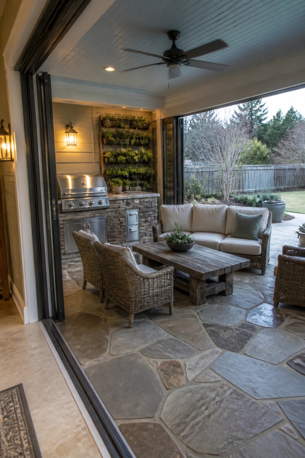 Stone patio with wicker sofa, armchairs, wooden table, grill, and herb garden.