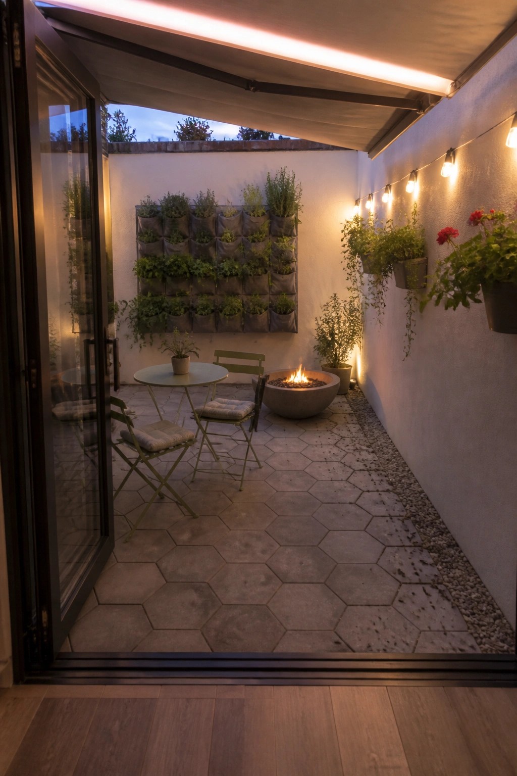 A patio with hexagonal tiles, a round fire pit, and wall-mounted planters viewed through open black-framed glass doors from an indoor room with wood flooring.
