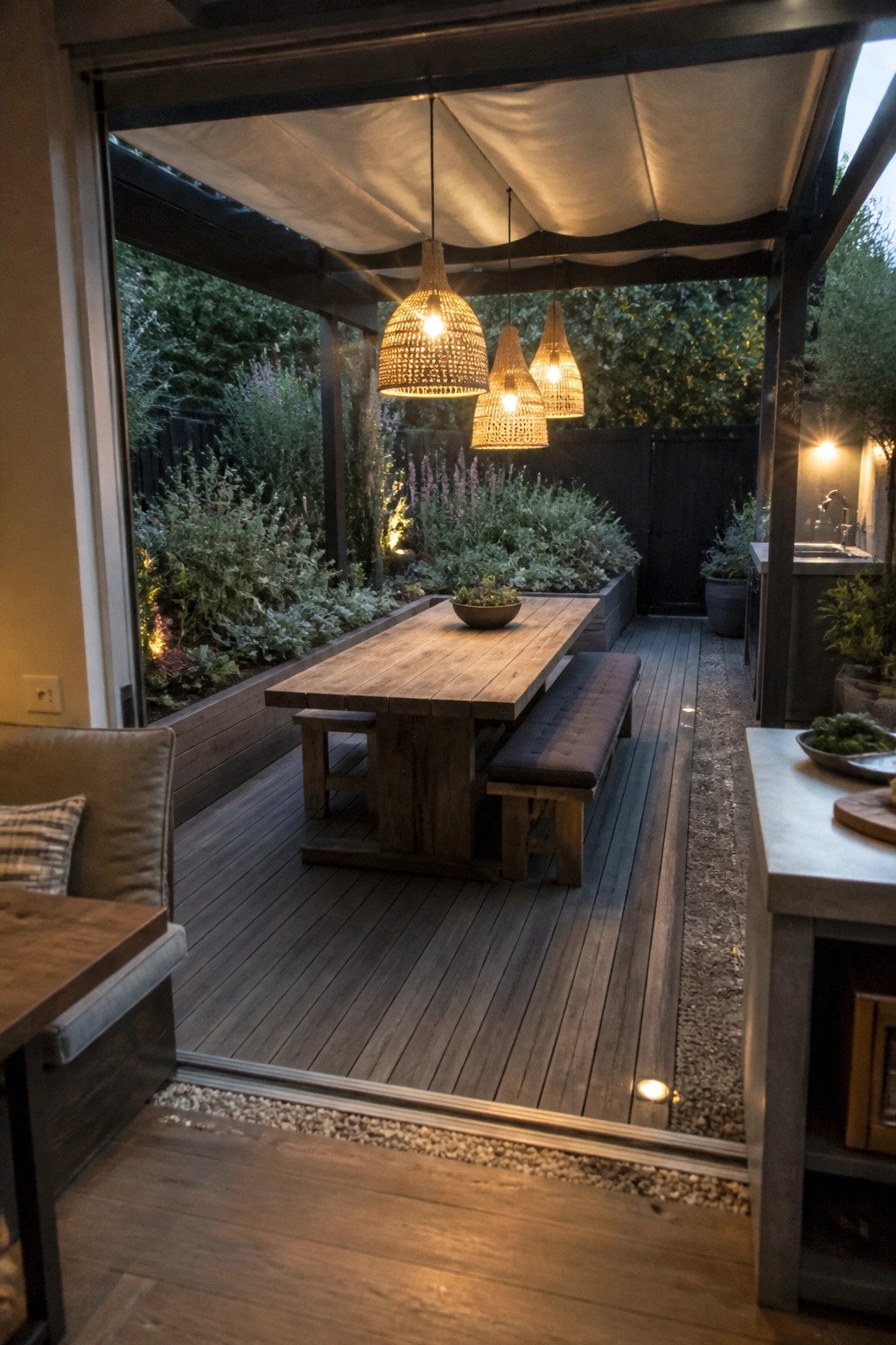 Outdoor wooden deck with a long dining table and benches under hanging woven lights, connected by a wide open doorway to an indoor seating area with garden beds visible on the side.