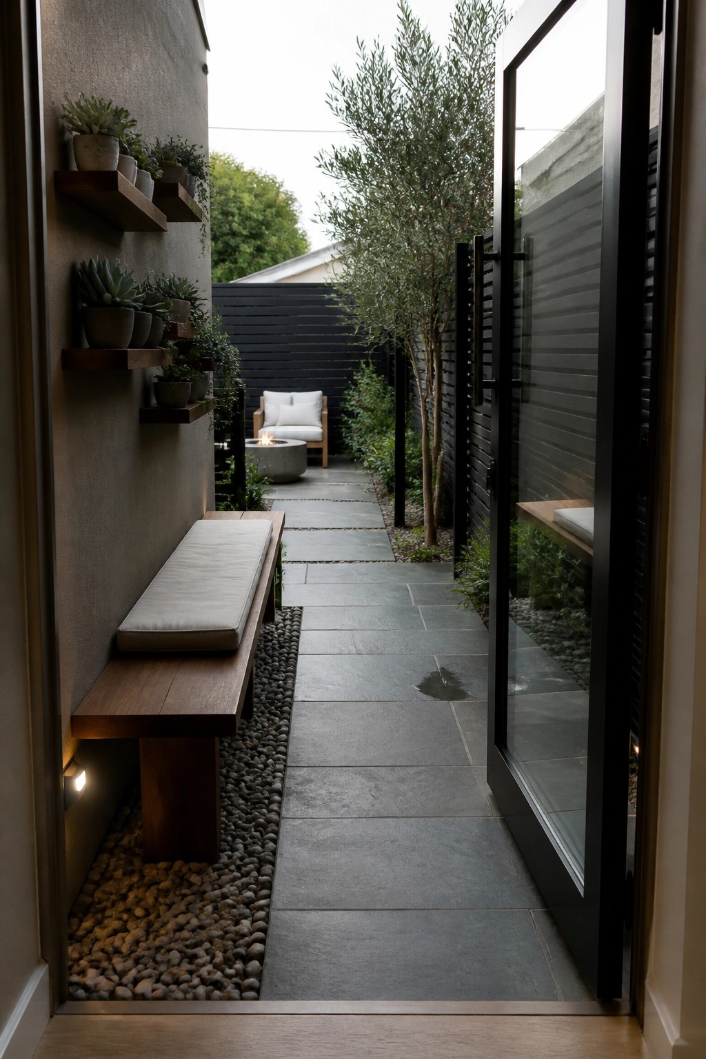 Narrow modern courtyard with wooden bench, succulent shelves, stone path, and glass door.