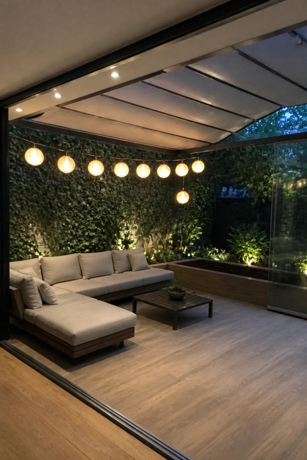Outdoor patio with L-shaped sectional sofa, coffee table, string lights, and open glass doors showing a living wall and raised garden bed.