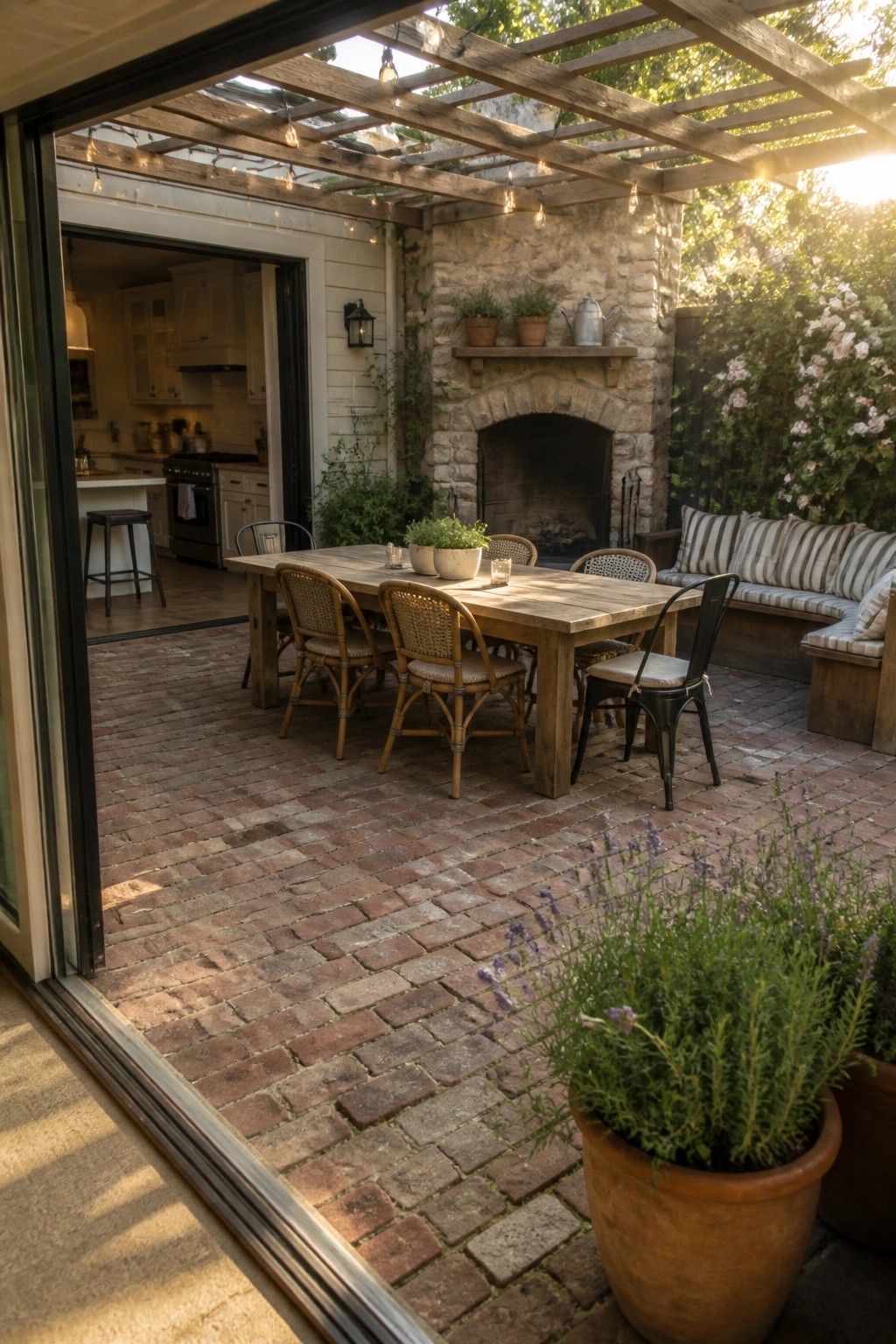Backyard patio with wooden dining table and mixed chairs on brick paving, open sliding doors to a kitchen, and stone fireplace along one side.