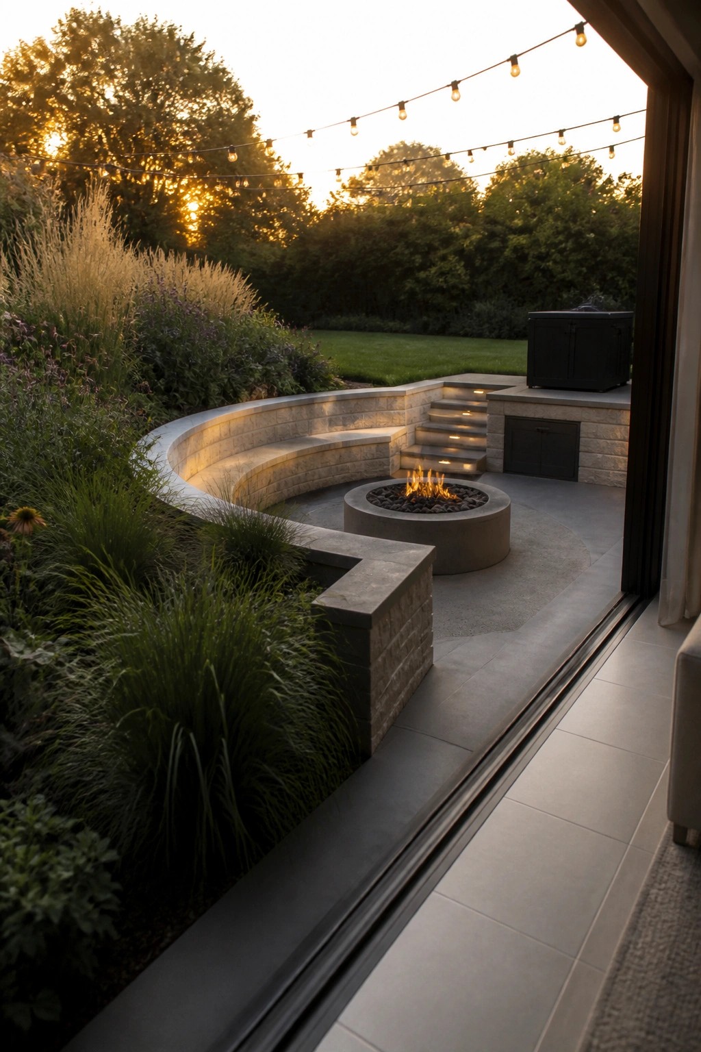 A backyard patio viewed from inside through an open sliding door, showing a round concrete fire pit, curved stone bench seating, and steps leading to a higher level with string lights overhead.