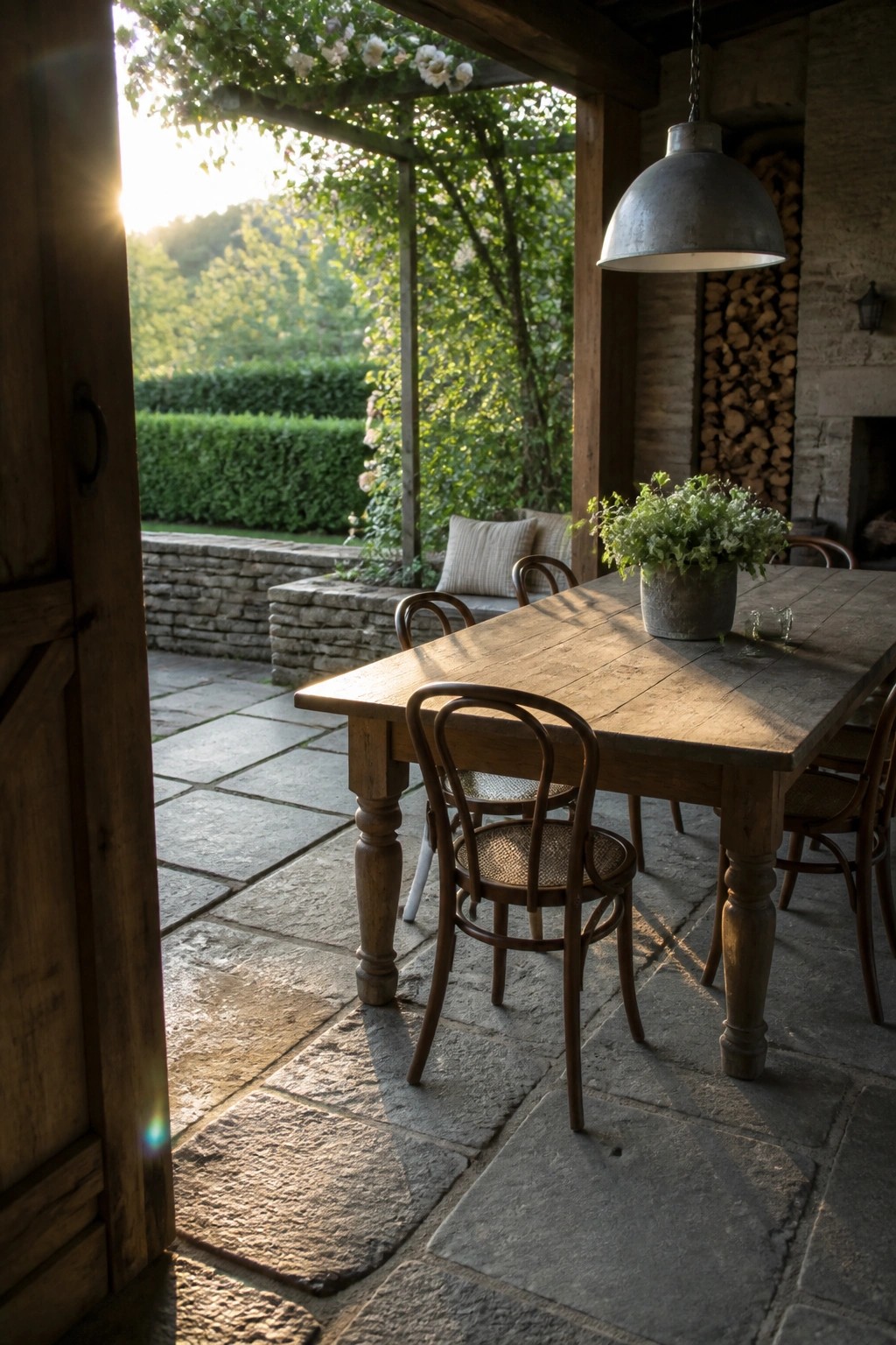 A rustic wooden dining table and chairs sit on a stone patio beneath a covered structure, viewed through an open wooden door with a garden visible beyond.