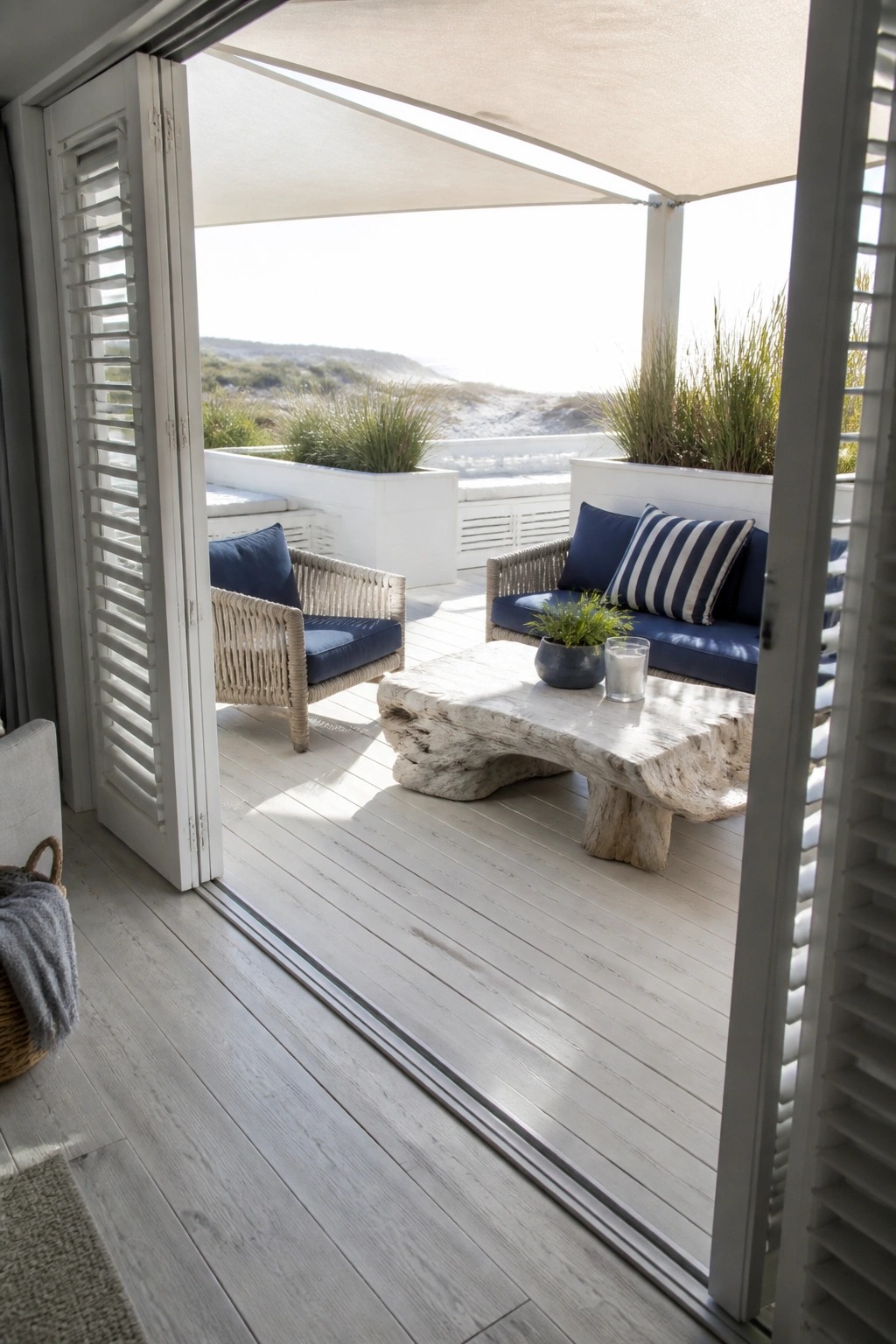 Open white double doors frame a light wood deck patio with a woven sofa, two armchairs, and a driftwood coffee table.