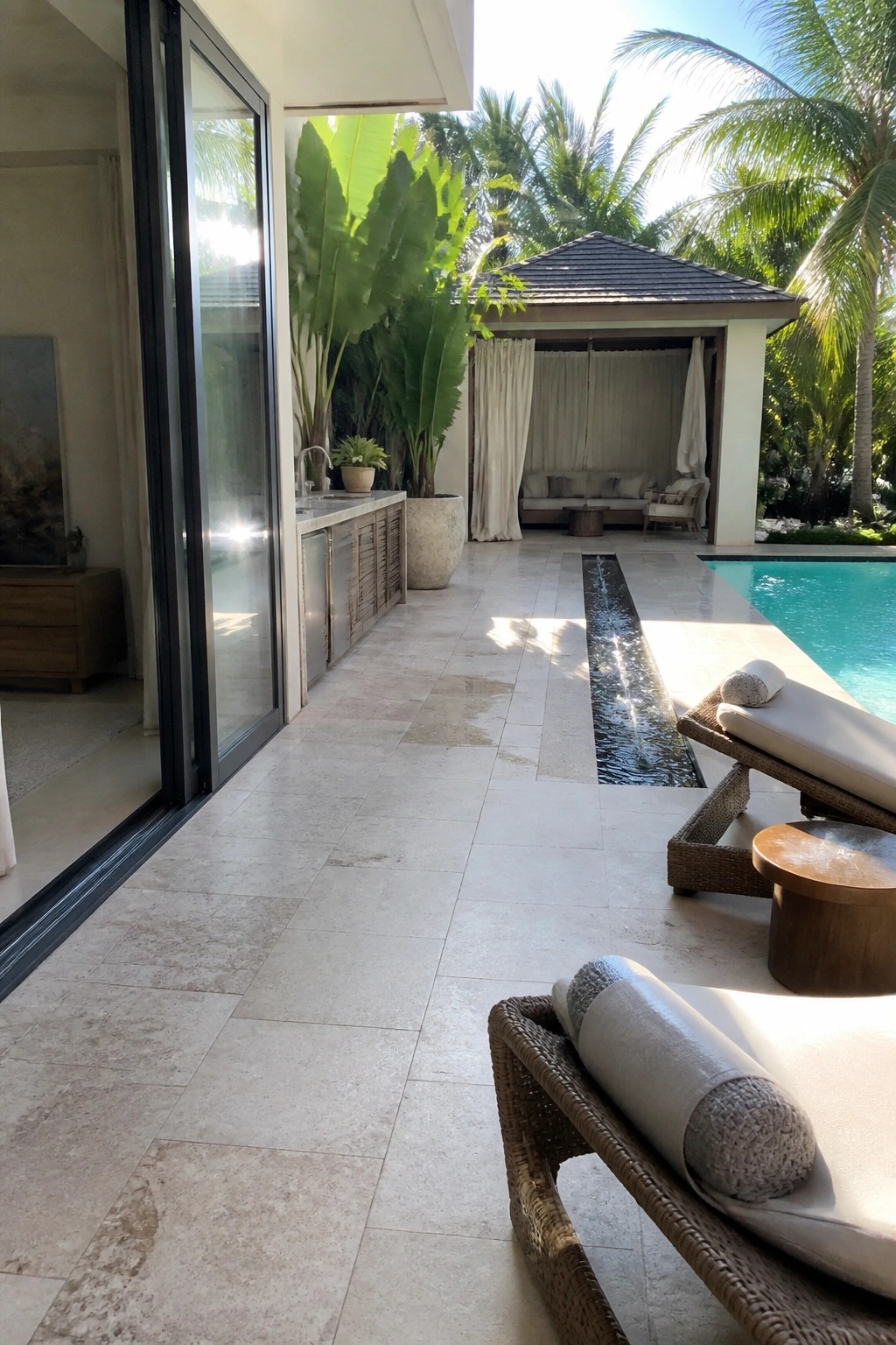 Luxurious patio with wicker loungers, pool, water channel, cabana, and palm trees.