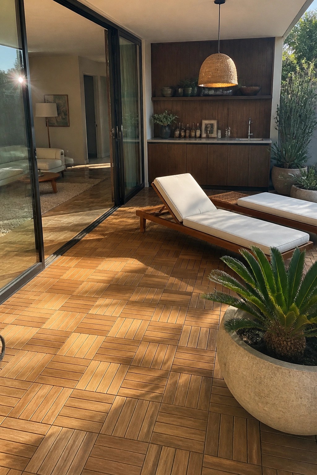 A backyard patio with herringbone wood deck tiles, two white-cushioned lounge chairs, a built-in bar with sink and wood cabinetry, large open black-framed sliding doors, and a view into a living room with a sofa and lamp.