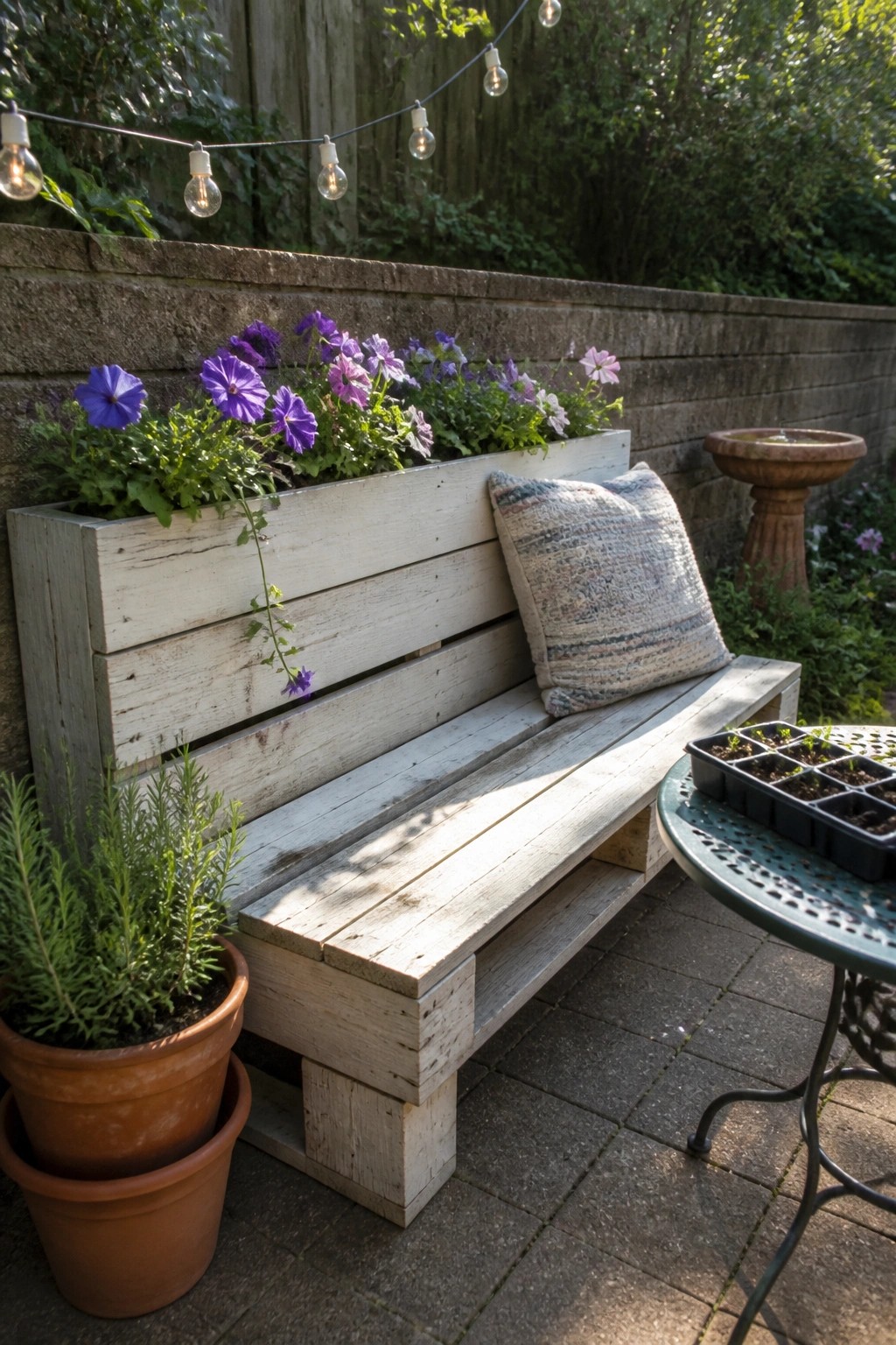 A weathered wood pallet bench with an attached planter box of purple flowers sits on a paved patio next to potted plants.