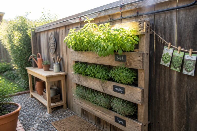 17 Smart Pallet Planter Box Ideas for Neat Backyard Growing A wooden pallet planter mounted on a fence holds rows of labeled herb plants including basil, parsley, and thyme.