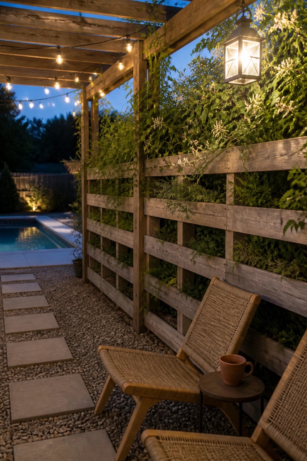 A wooden fence fitted with horizontal pallet planter boxes filled with green plants and vines, beside a gravel path with woven chairs.