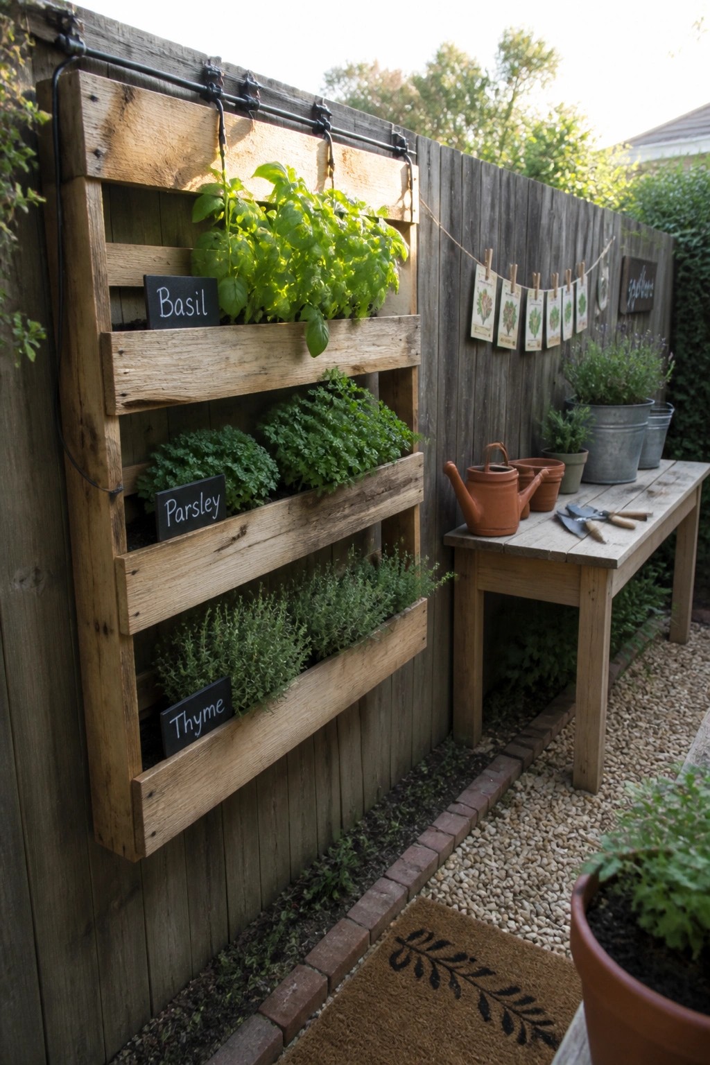 A wooden pallet planter mounted on a fence holds rows of labeled herb plants including basil, parsley, and thyme.
