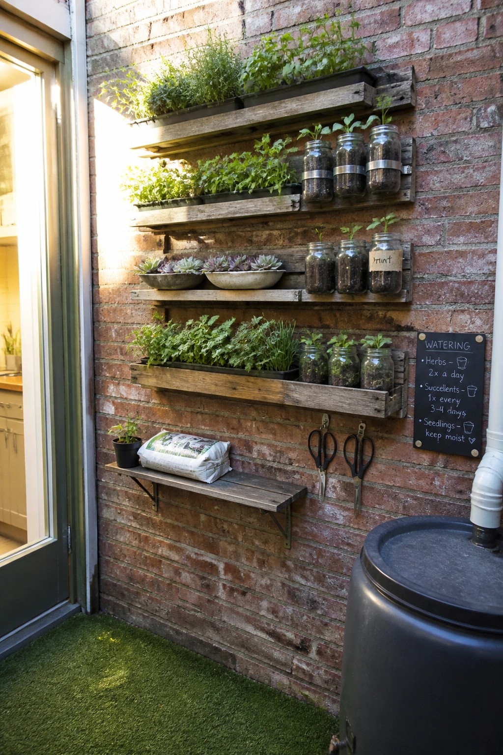 A brick wall fitted with several wooden pallet shelves holding potted herbs, glass jar planters, and a chalkboard with watering instructions.