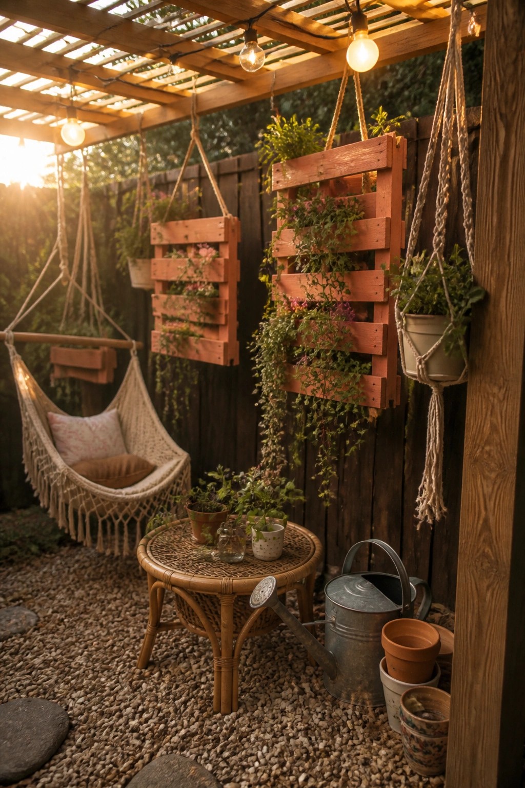 Cozy garden nook with macrame hammock, pallet planters, string lights, and wicker table on gravel.