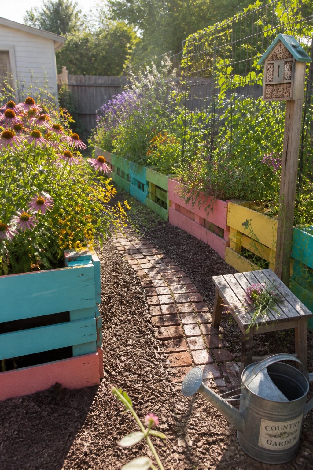 A garden path lined with colorful painted pallet planter boxes filled with flowers and vegetables, next to a brick walkway, watering can, and wooden stool.