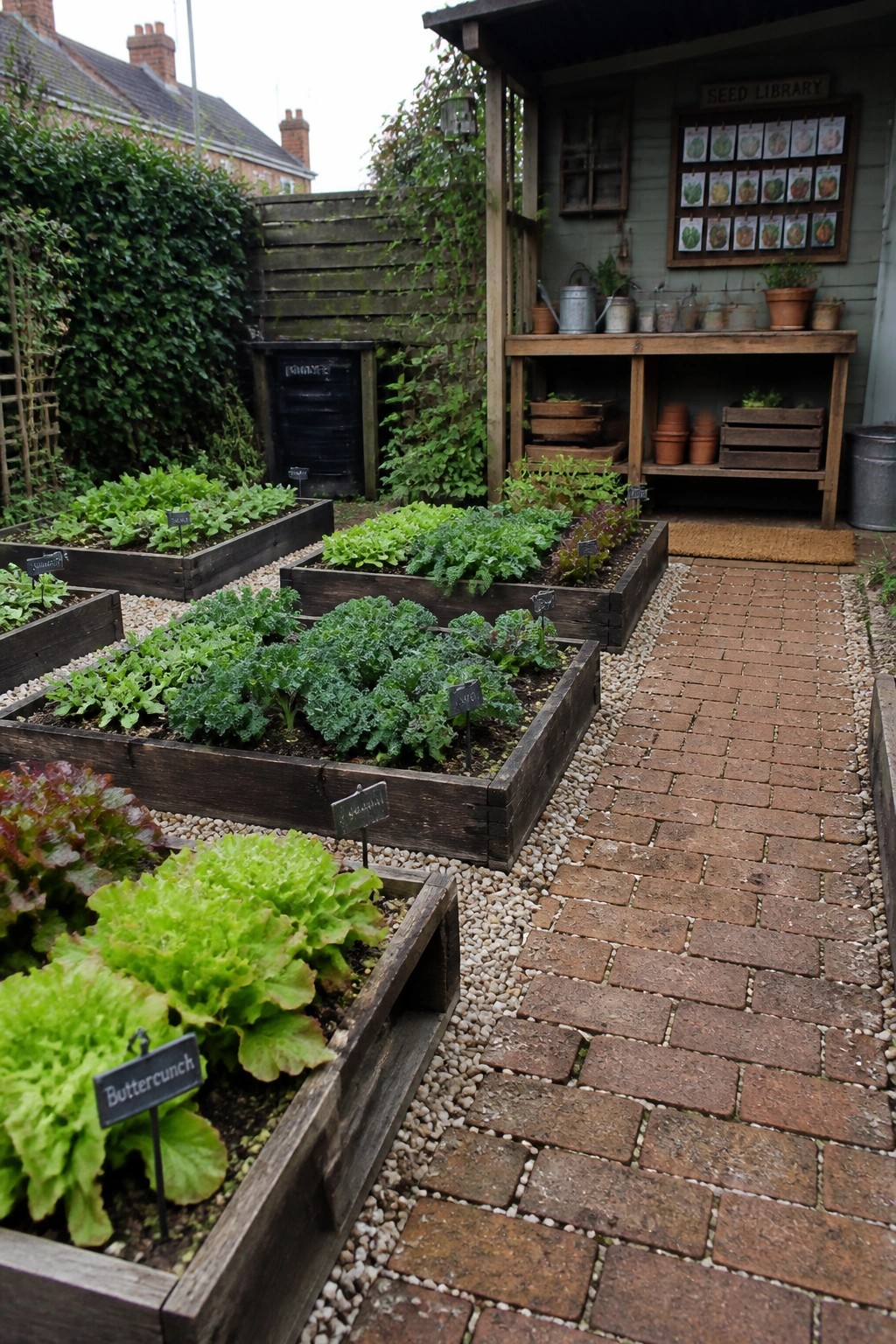 Wooden raised beds of leafy greens along a brick path by seed library shed