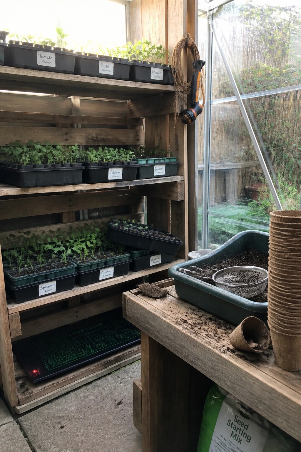 Wooden pallet shelves inside a greenhouse hold black plastic trays filled with young seedlings and small plant labels.