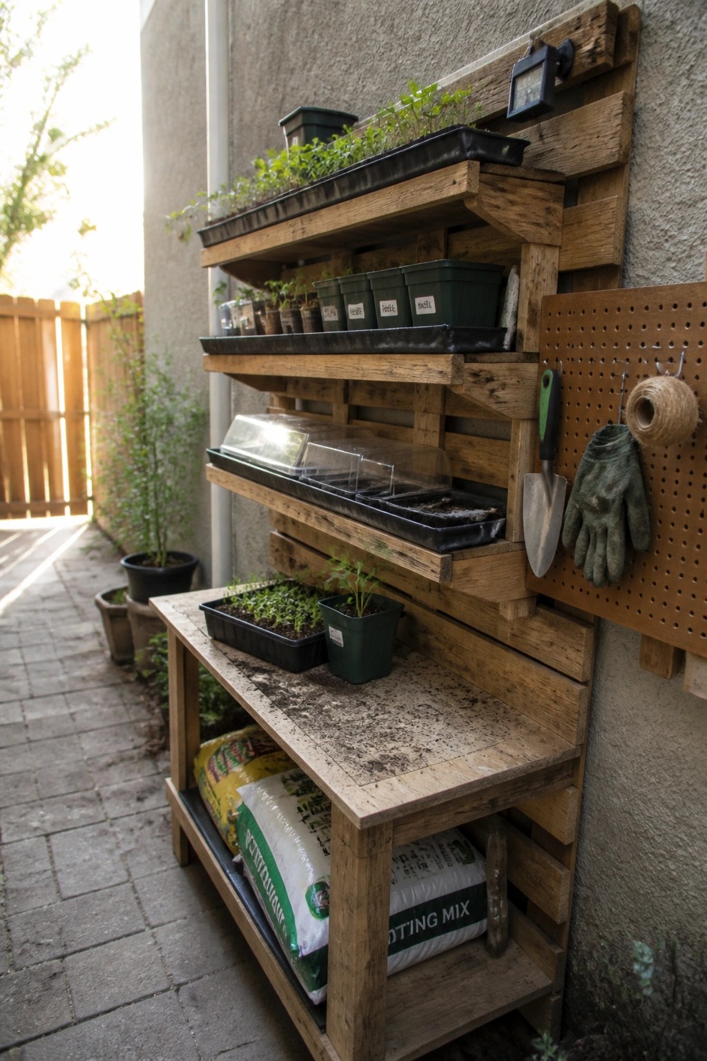 A multi-tiered wooden pallet structure mounted on an exterior wall holds several black plant trays and pots with seedlings, while gardening tools hang on a pegboard to the right and soil bags sit on the bottom shelf.