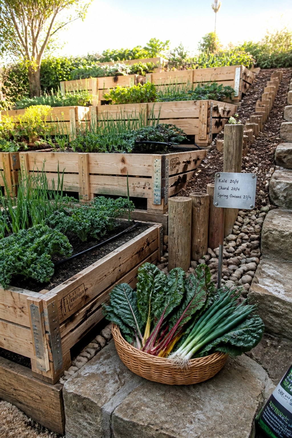 Wooden pallet crates used as raised garden beds on a sloped backyard, with rows of vegetables growing inside and a basket of harvested greens placed on a stone ledge nearby.