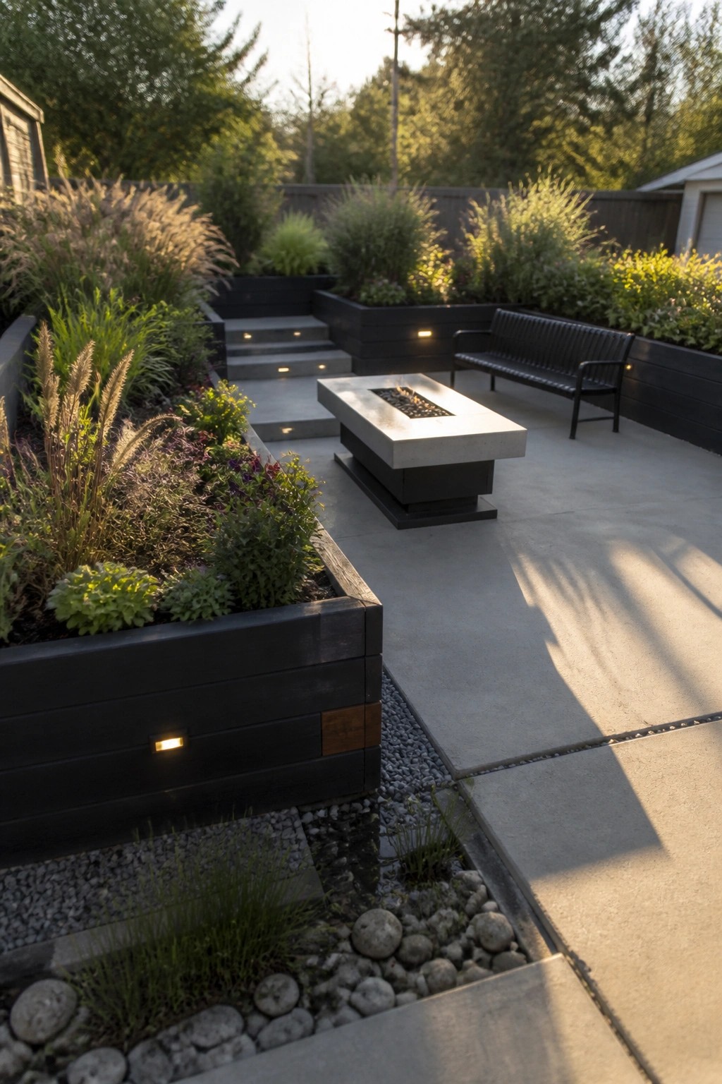 Backyard concrete patio surrounded by black wooden raised planter boxes filled with grasses and flowering plants, with a concrete fire table and black bench nearby.