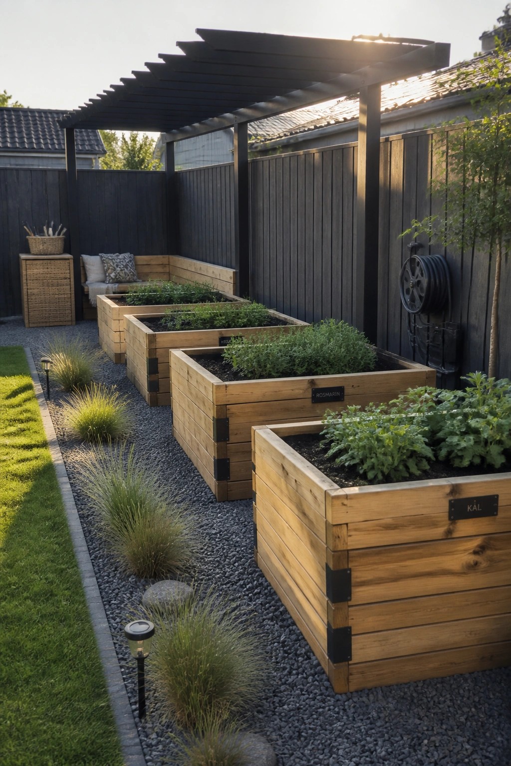 Wooden raised garden beds under black pergola in gravel backyard garden
