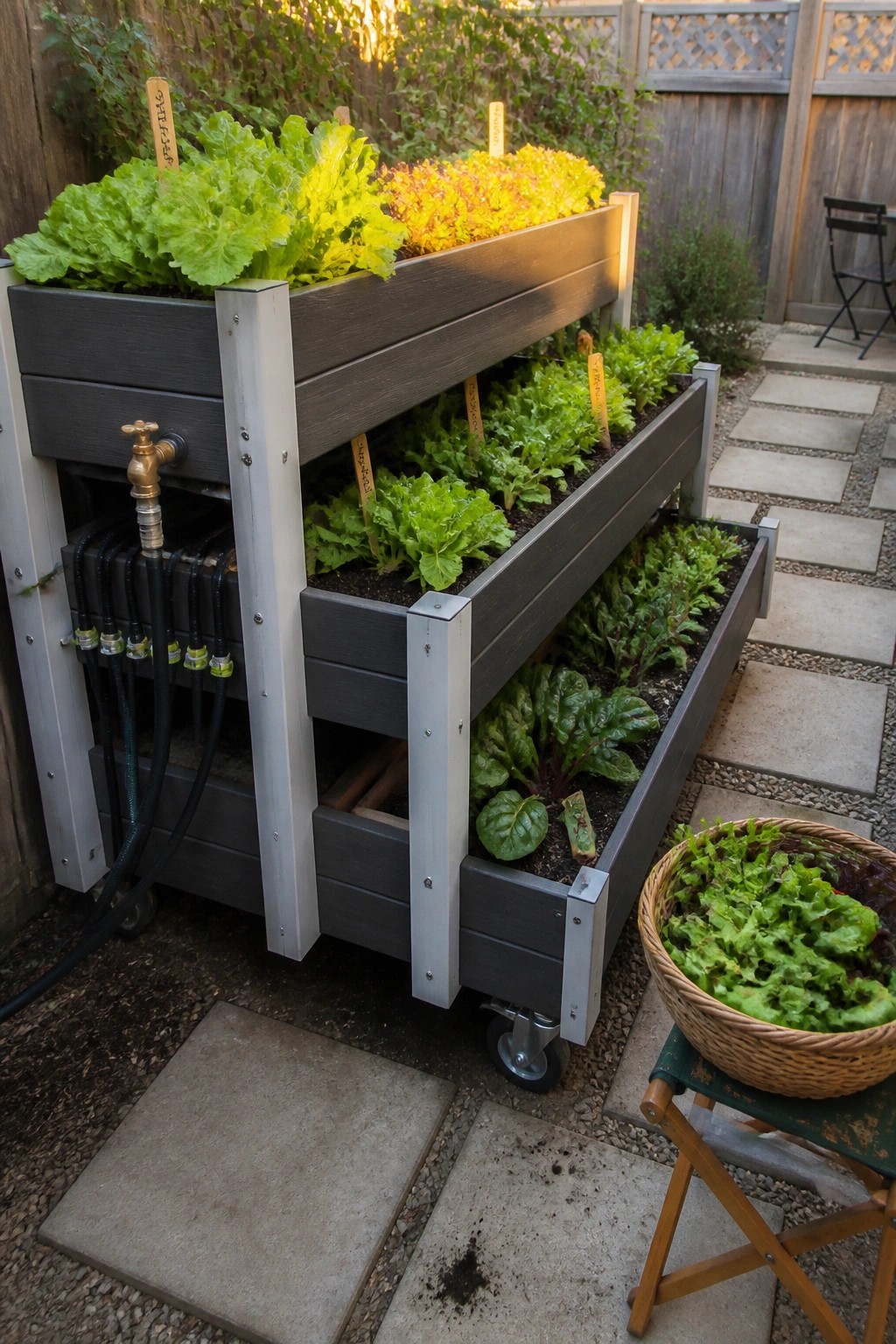 A three-tiered dark wooden planter box on wheels holds rows of leafy greens with black irrigation tubing on the side and a basket of harvested lettuce in the foreground.