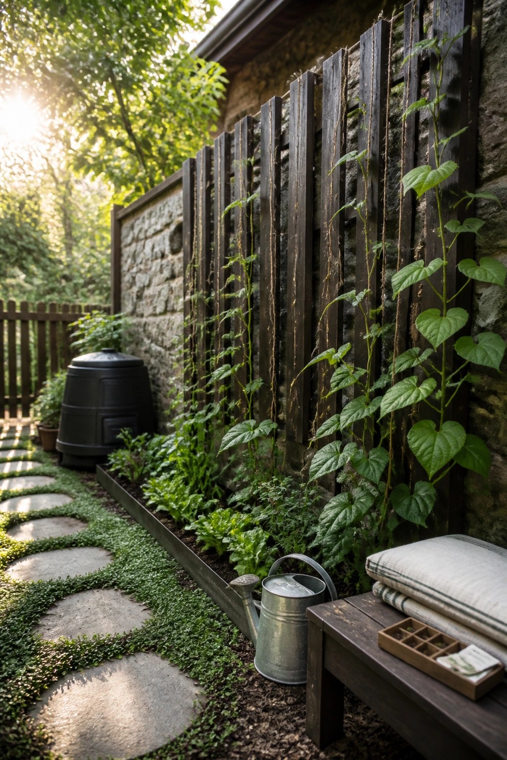 A garden path of stepping stones runs beside a raised wooden planter filled with greens and climbing vines on a vertical wooden trellis against a stone wall.