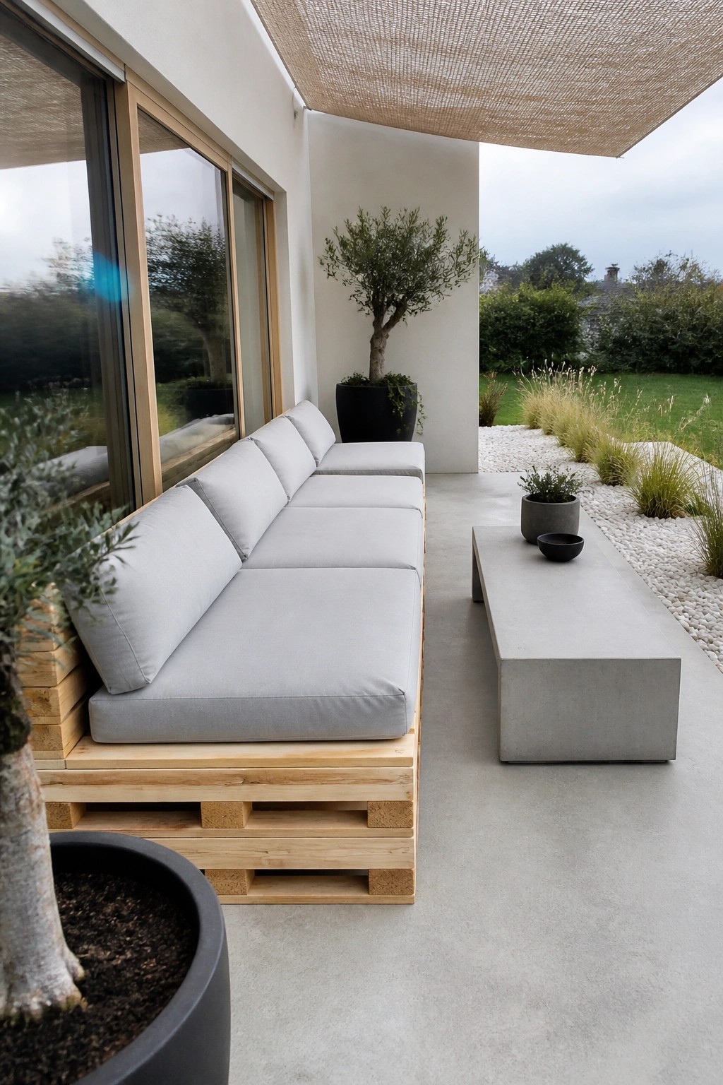 A long modular sofa built from stacked wooden pallets with light gray cushions sits on a concrete patio beside a low concrete bench.