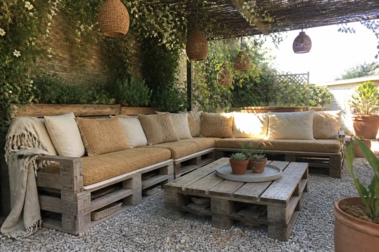An outdoor patio with L-shaped seating and a low table built from wooden pallets, topped with mustard and beige cushions under a pergola.