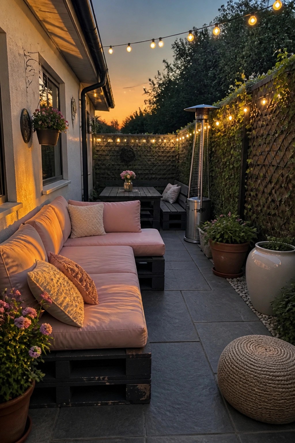 An outdoor patio featuring L-shaped seating constructed from black painted wooden pallets with pink cushions, string lights overhead, and potted plants along the edges.