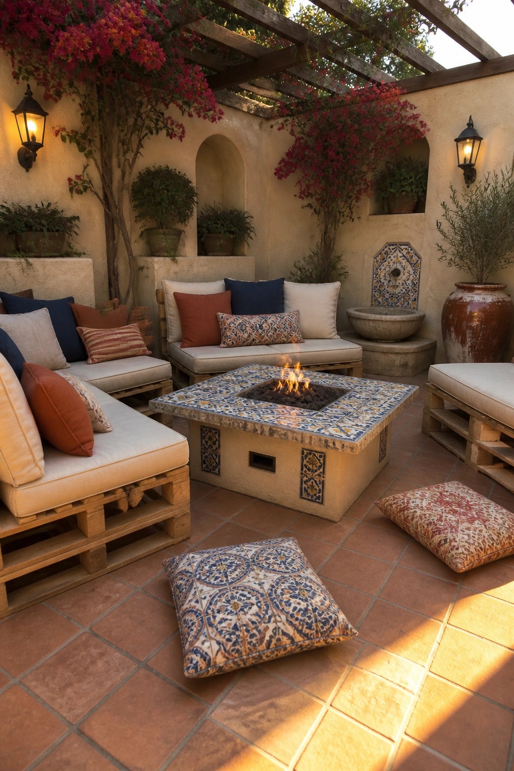 Wooden pallet sofas and chairs arranged around a square tiled fire pit on a brick patio, with cushions and surrounding plants.