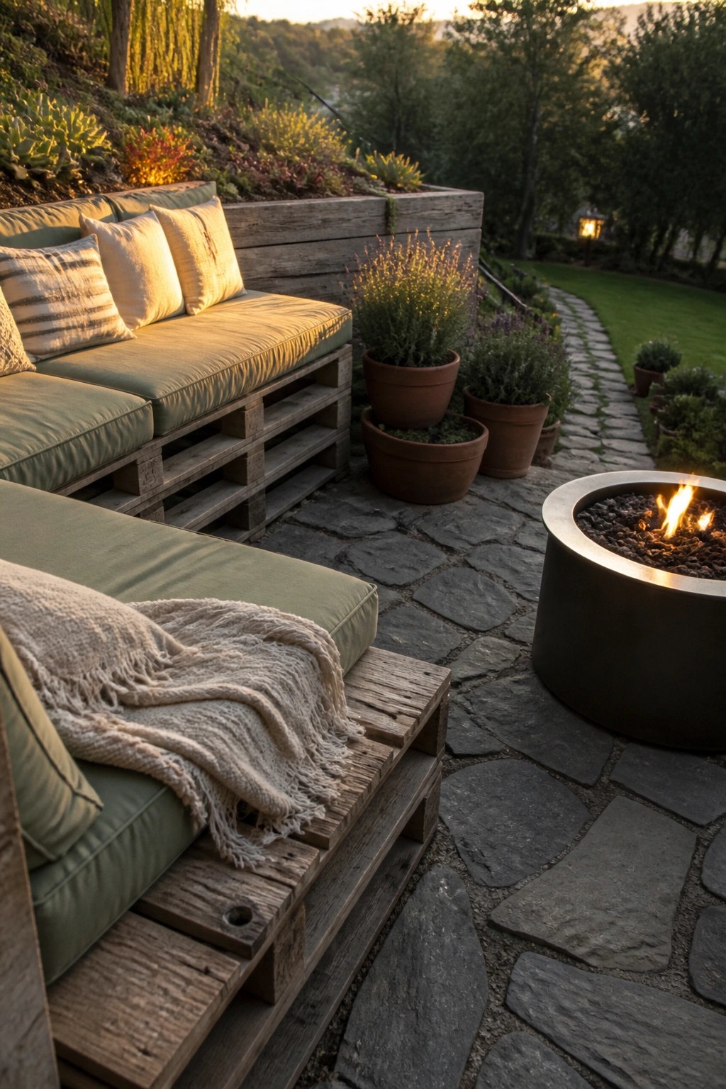 Wooden pallet seating with green cushions and a throw blanket arranged on a stone patio next to a round fire pit, with potted plants and a garden path in the background.