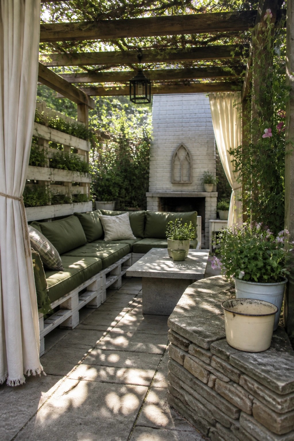 An outdoor patio with L-shaped seating built from white-painted pallets and green cushions, arranged around a concrete table near a white brick fireplace.