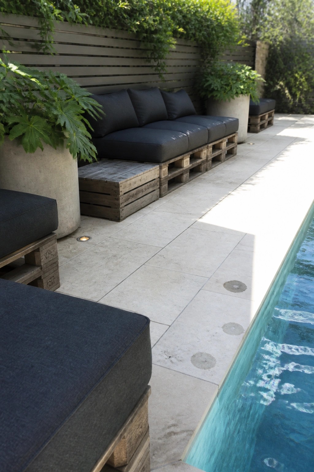 Poolside pallet sofa with black cushions, concrete planters, and tiled patio by pool
