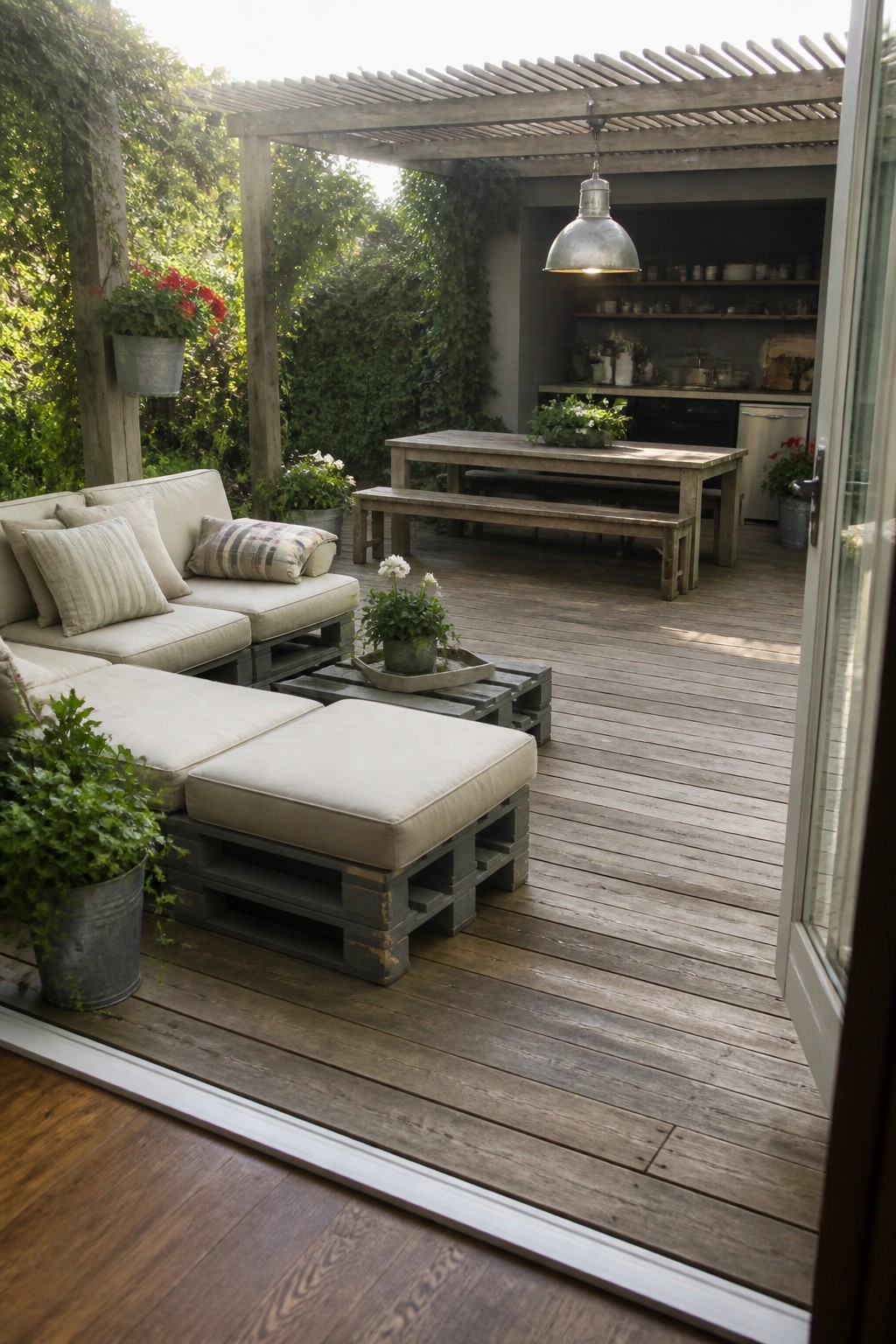 A wooden deck patio featuring modular pallet sofas and ottomans with cushions arranged beside a wooden dining table under a pergola, with an outdoor kitchen visible in the background.